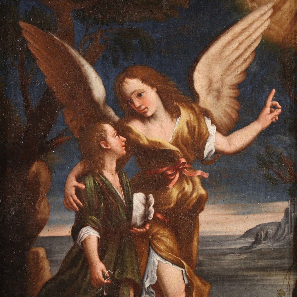 Antique Italian Painting From The 17th Century, Tobias And The Angel-photo-3