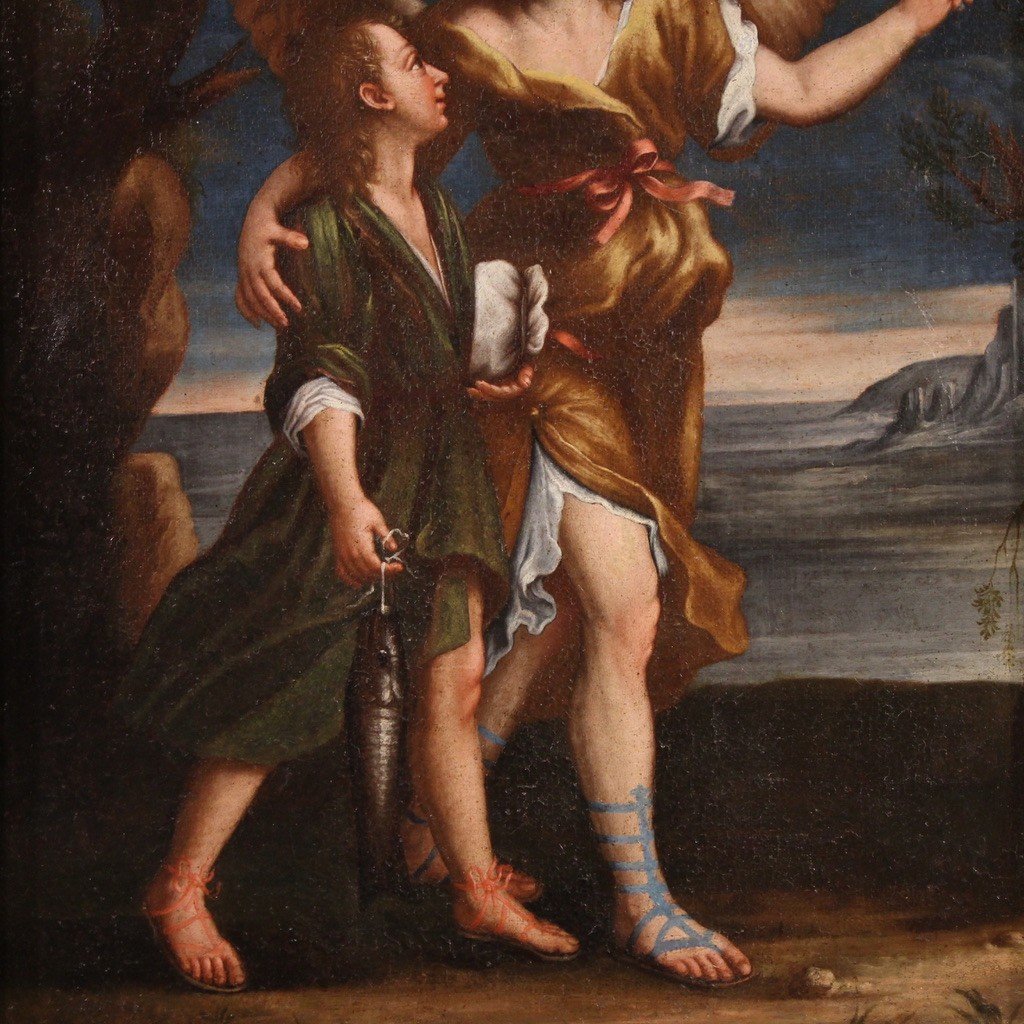 Antique Italian Painting From The 17th Century, Tobias And The Angel-photo-4