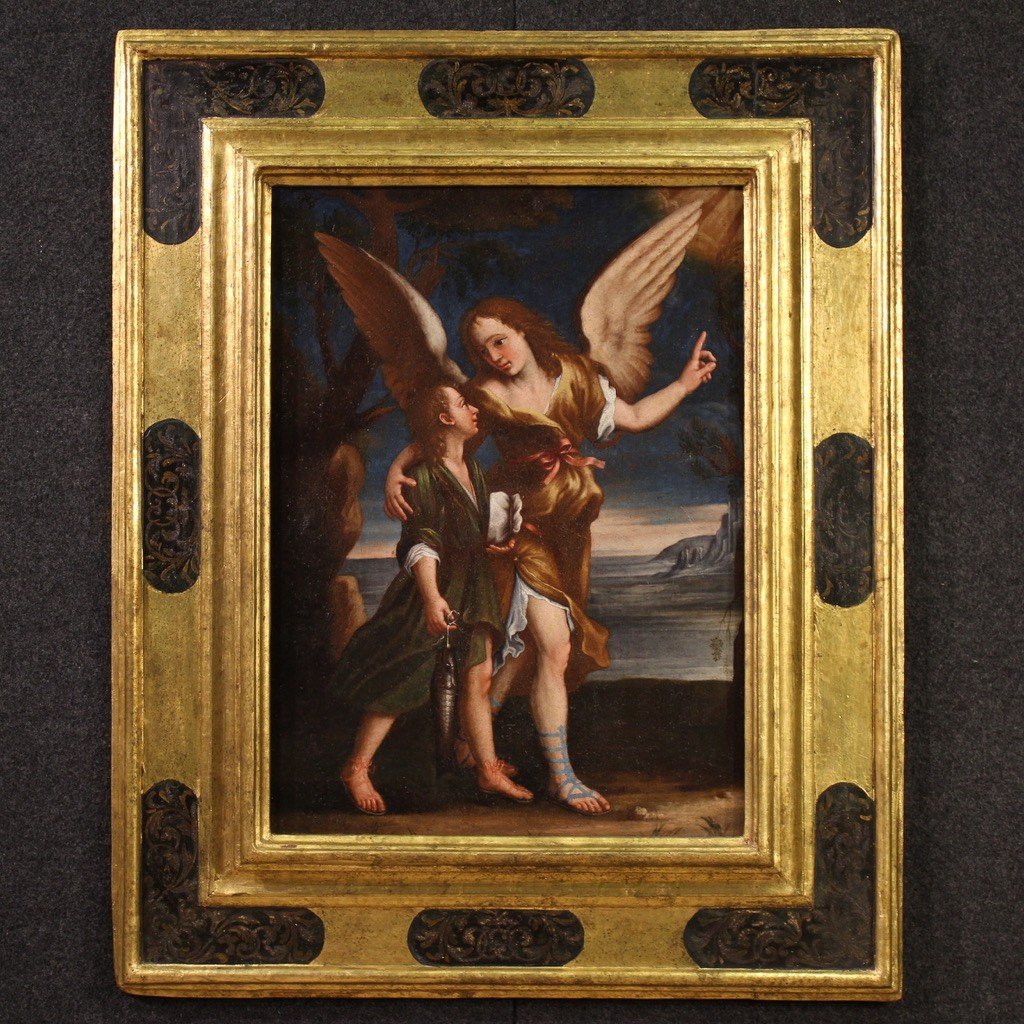 Antique Italian Painting From The 17th Century, Tobias And The Angel