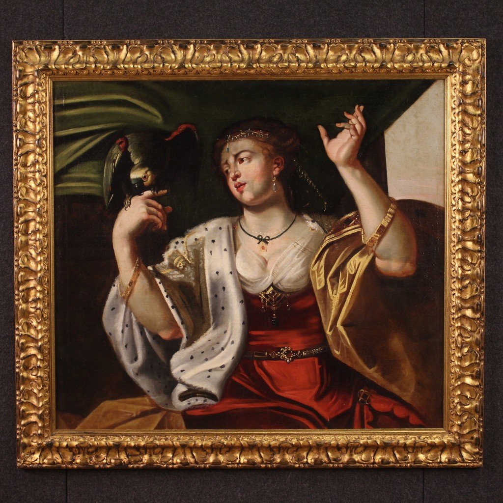 18th Century Antique Painting, Lady With Parrot