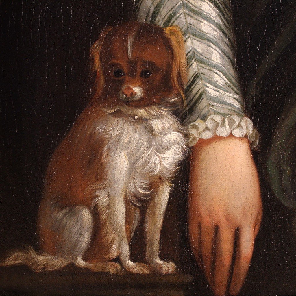 Grand Tableau Portrait Représentant Une Dame Avec Un Chien Du 16ème Siècle-photo-7