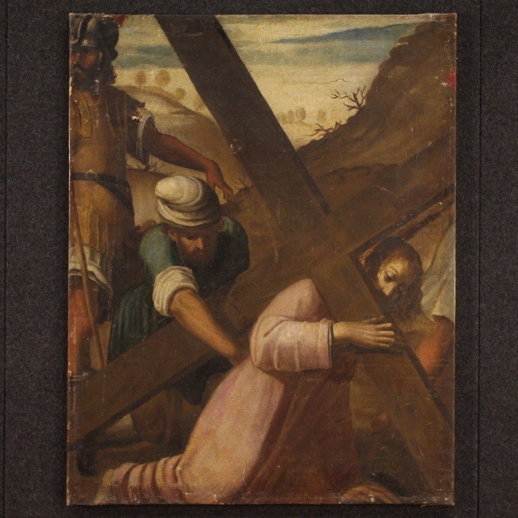 Antique Painting Ascent To Calvary From 17th Century-photo-2