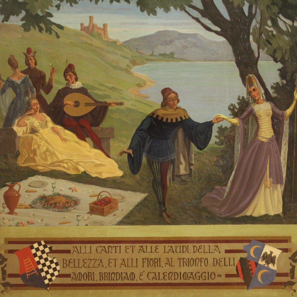 Tableau Italien De Paysage Avec Personnages Du 20ème Siècle-photo-4