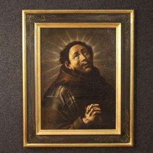 Antique Religious Painting Ecstasy Of Saint Francis From 18th Century