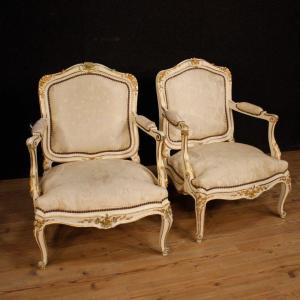 Painted And Gilded Armchairs In Louis XV Style From The 20th Century