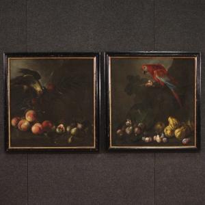 Elegant Pair Of Still Lifes With Parrots From The 17th Century