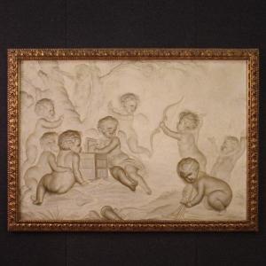 Grande Peinture En Grisaille Du 18ème Siècle, Jeu d'Angelots