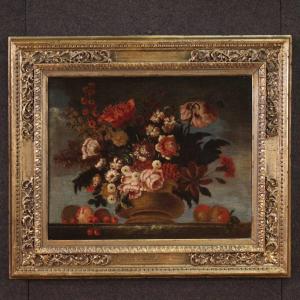 18th Century Still Life Painting With Vase Of Flowers And Fruit