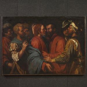 Grand Tableau Italien Du 17ème Siècle, Le Baiser De Judas