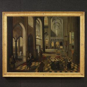 Interior Of The Cathedral Of Antwerp, Flemish School Painting Of The 18th Century