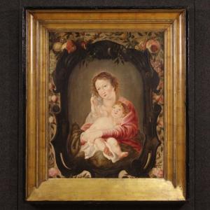 17th Century Flemish Painting On Panel, Madonna And Child