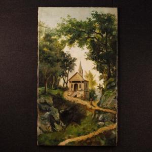 Tableau paysage de campagne huile sur toile du 19ème siècle