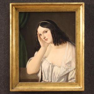 Antique Painting Portrait Of A Young Lady From The 19th Century