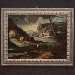 Antique Painting Landscape With Characters From 18th Century