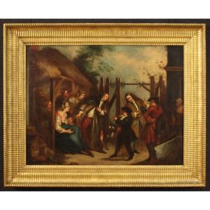 English Painting Oil On Canvas Genre Scene From 18th Century