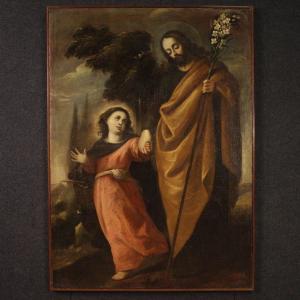 Grand Tableau Du 17ème Siècle, Saint Joseph Conduisant l'Enfant Jésus Par La Main