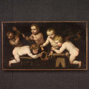 Antique 17th Century Painting Oil On Canvas, Cherub Games