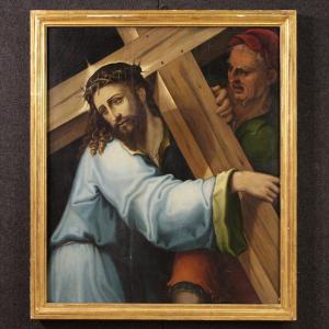 Great 17th Century Panel Painting, Christ Carrying The Cross