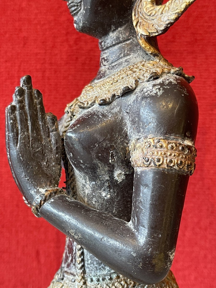 Gardien de Temple bouddhique, Thaïlande 19e Siècle, Sculpture en Bronze Patiné et Doré / Art Asiatique Bouddha / Bouddhisme / Dvarapala-photo-6