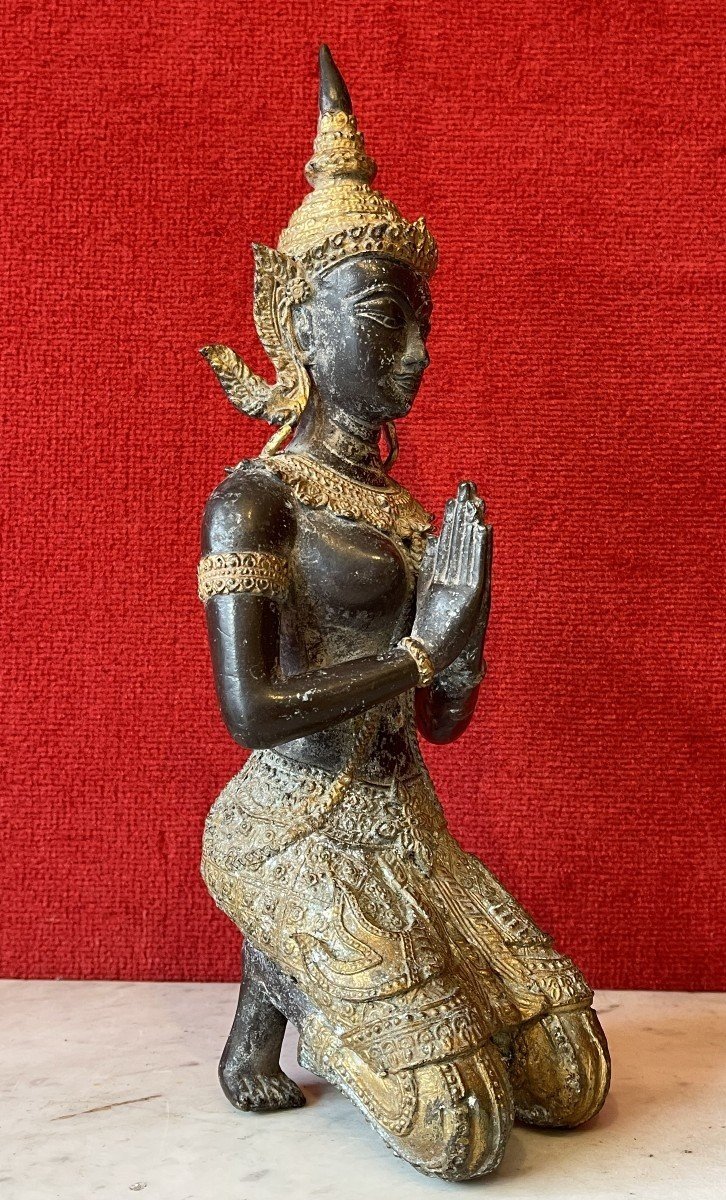 Gardien de Temple bouddhique, Thaïlande 19e Siècle, Sculpture en Bronze Patiné et Doré / Art Asiatique Bouddha / Bouddhisme / Dvarapala