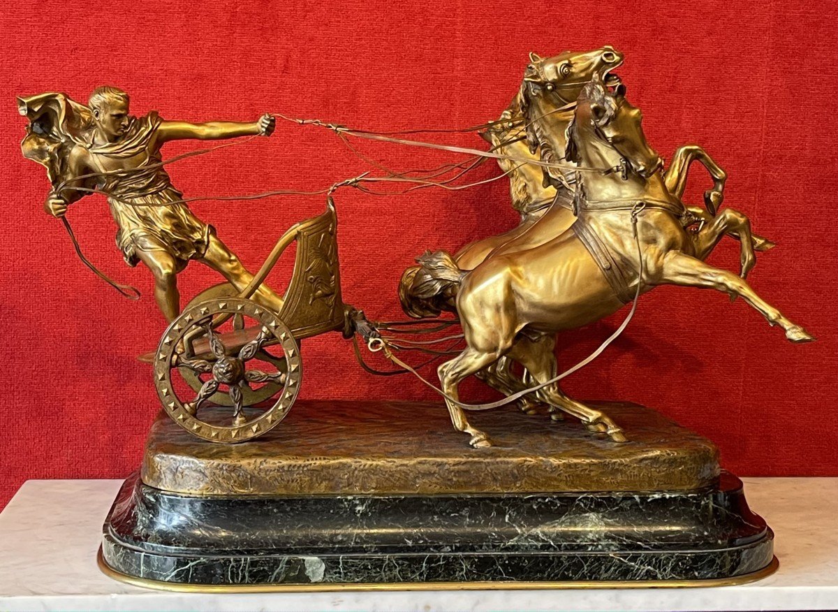 Roman Chariot Race, Large Bronze Sculpture By Antonio Vaneti (1881-1962) / Gladiator Ancient Rome  Greece / Creek Games / Charioteer Horse-photo-2