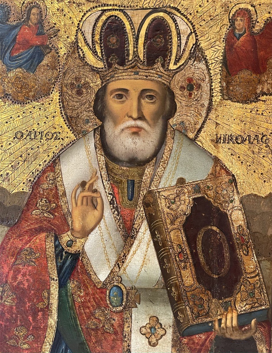 Large Icon Of Saint Nicholas, Greece 19th Century / Orthodox Church-photo-2