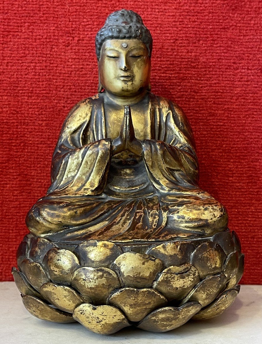 Hommage de Bouddha au "Sutra du Lotus", Grande Sculpture en bois laqué et doré, Japon 18e-photo-4