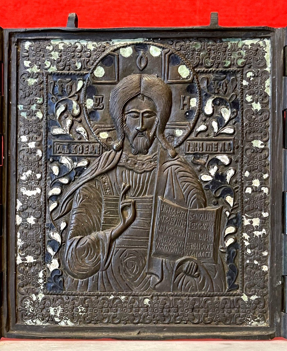 Grande Icône Triptyque Du Christ, Marie Et St Jean, Bronze Emaillé, Russie 18e Siècle-photo-3