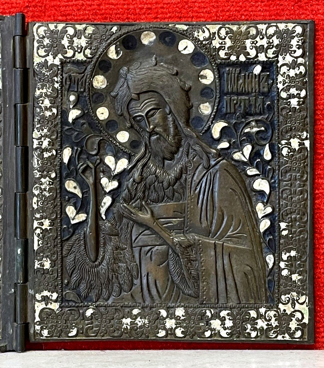 Grande Icône Triptyque Du Christ, Marie Et St Jean, Bronze Emaillé, Russie 18e Siècle-photo-4