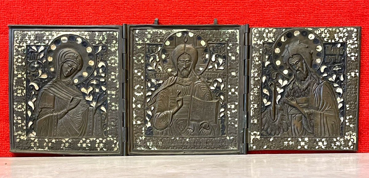 Grande Icône Triptyque Du Christ, Marie Et St Jean, Bronze Emaillé, Russie 18e Siècle