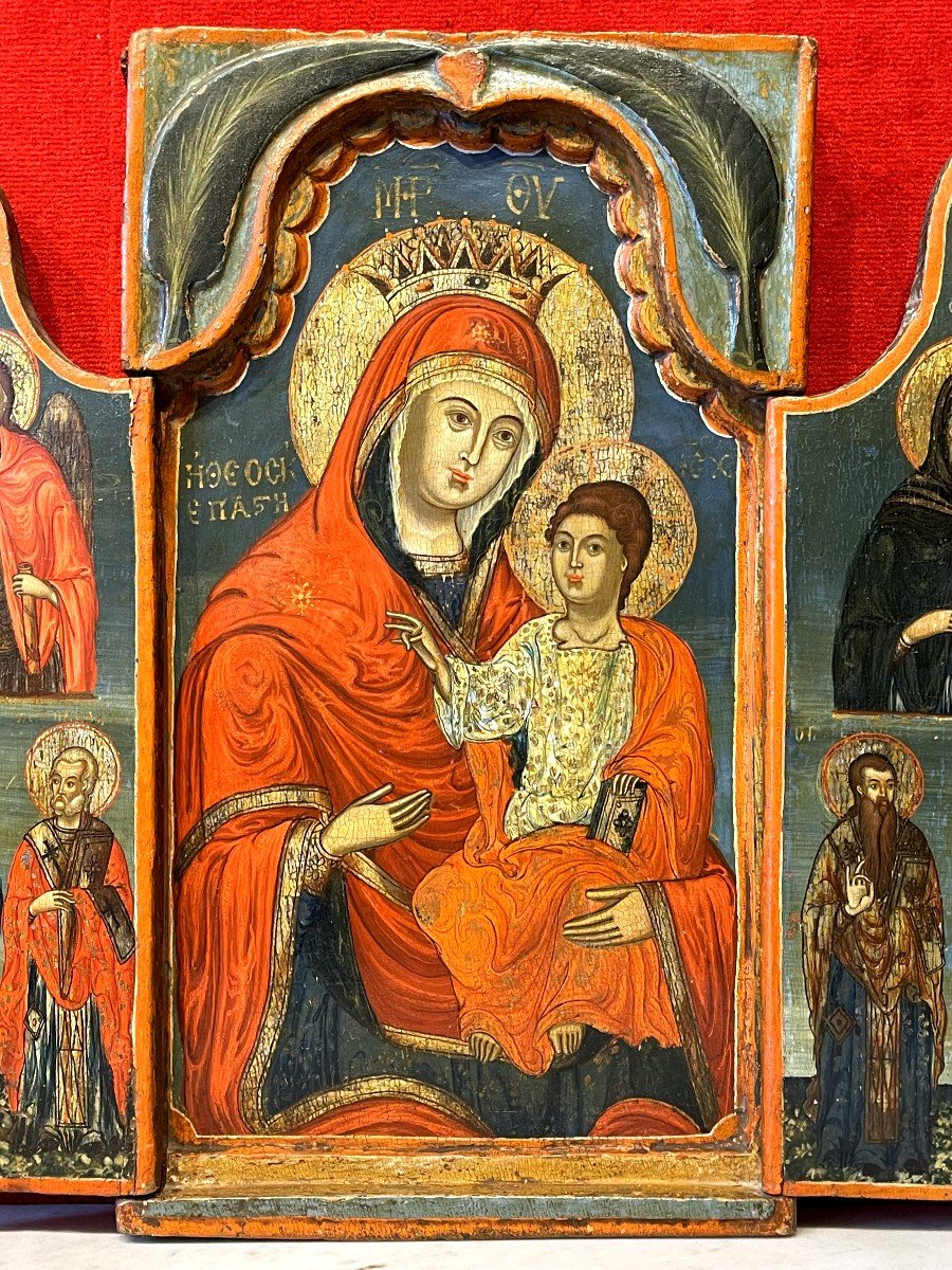 Large Triptych Of The Mother Of God, Greece 18th Century / Orthodox Icon Virgin Mary-photo-2