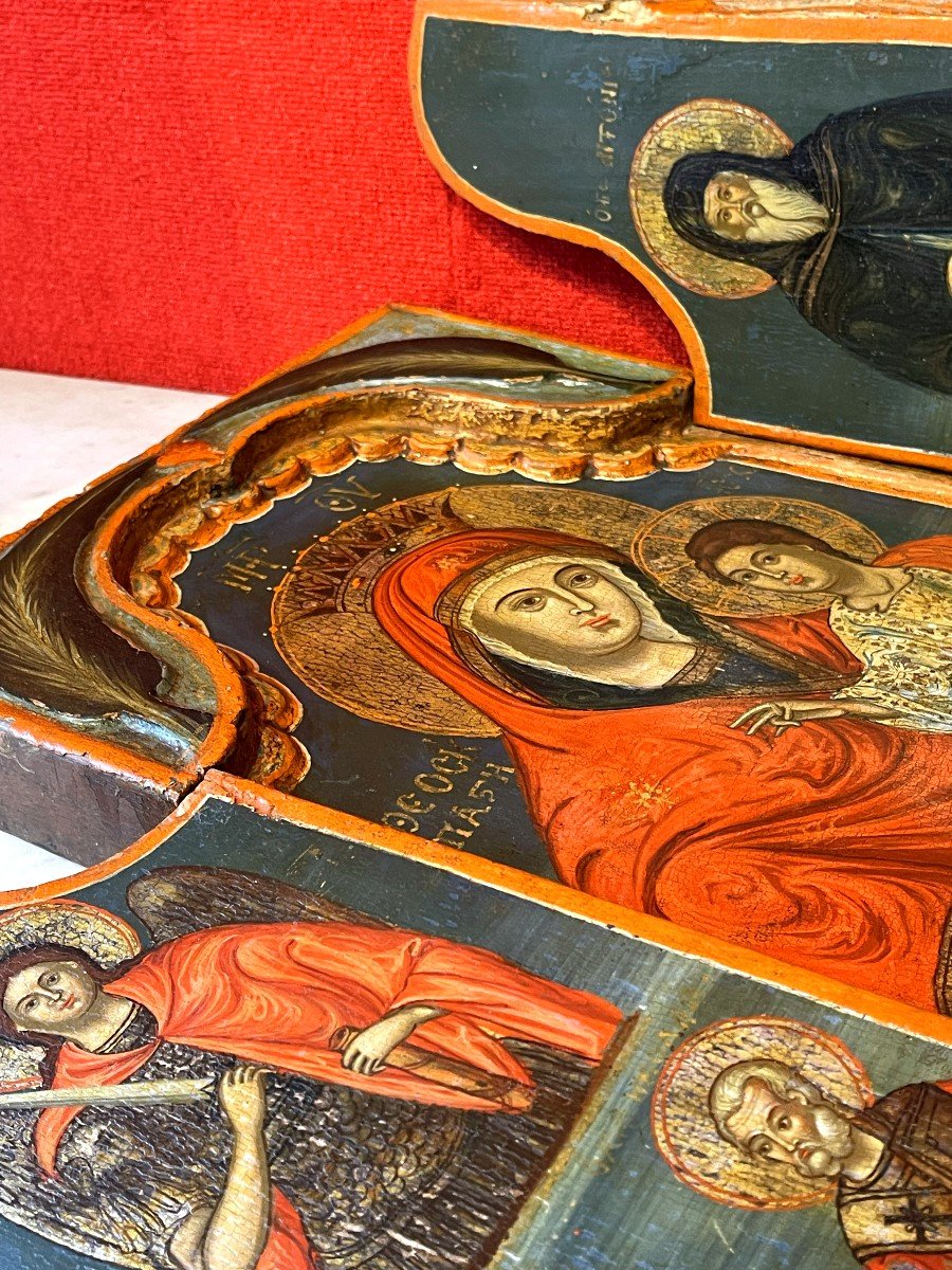 Large Triptych Of The Mother Of God, Greece 18th Century / Orthodox Icon Virgin Mary-photo-3