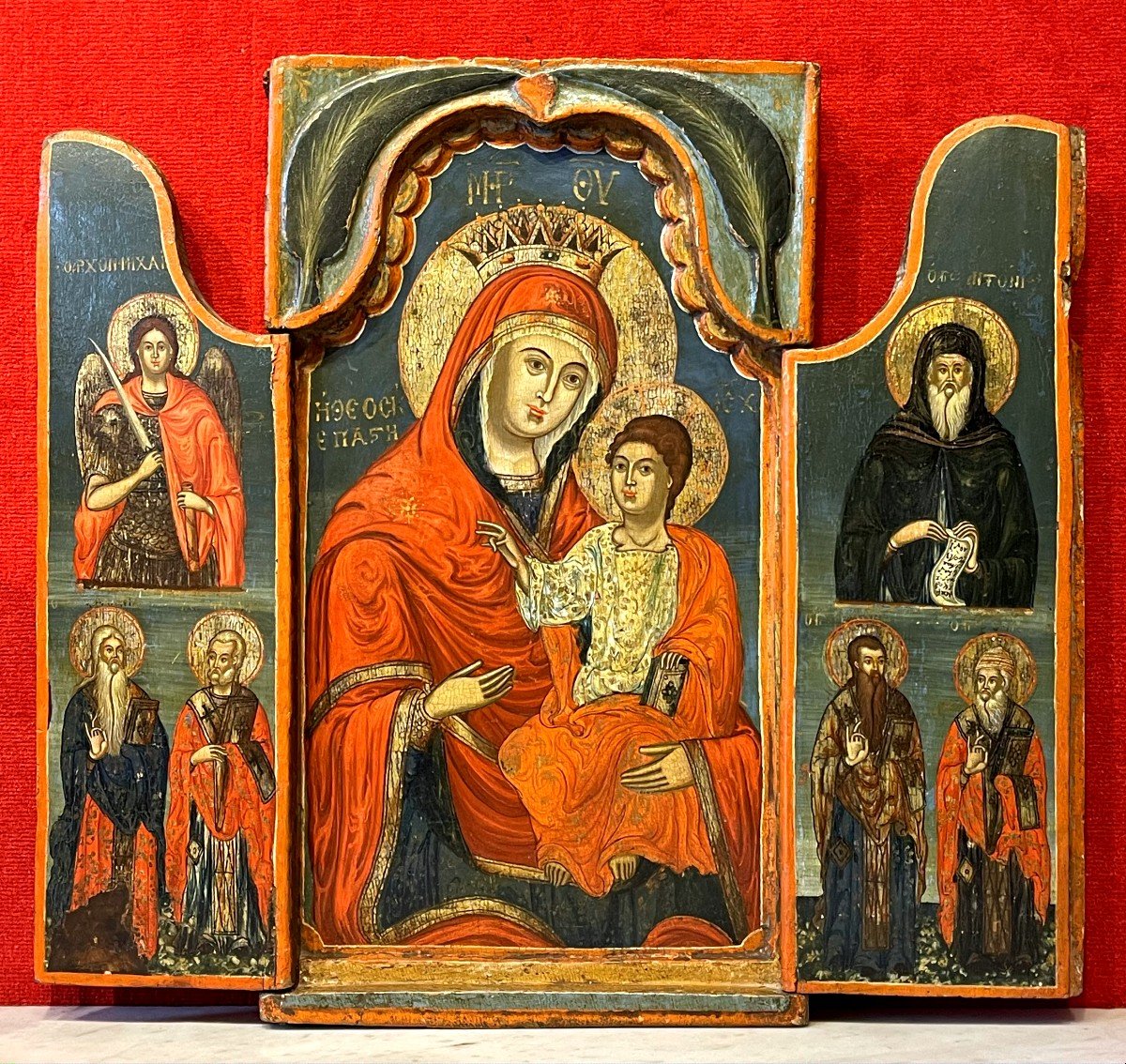 Large Triptych Of The Mother Of God, Greece 18th Century / Orthodox Icon Virgin Mary