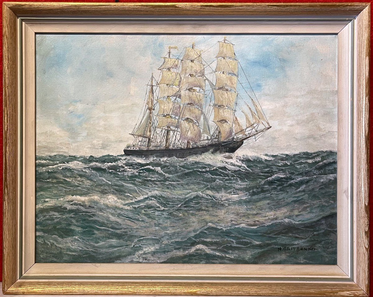 Four-masted Sailing Ship On The High Seas, Signed N. Gritsenko / Marine /  -photo-2