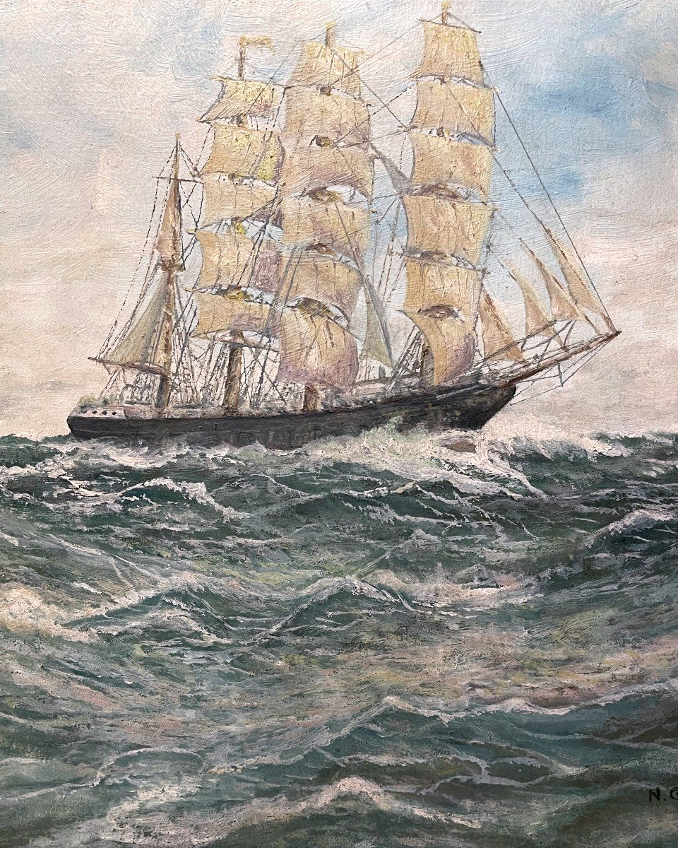 Four-masted Sailing Ship On The High Seas, Signed N. Gritsenko / Marine /  -photo-3