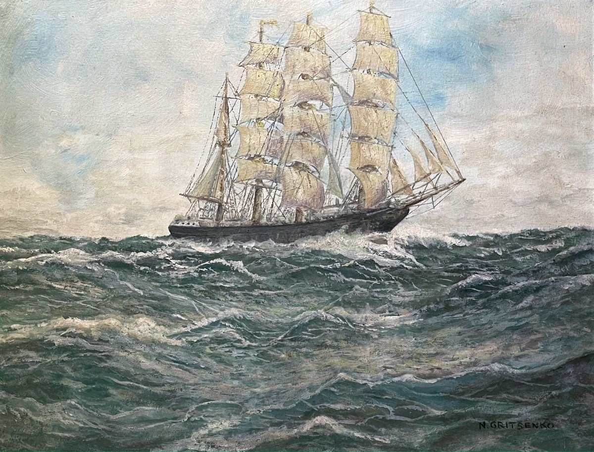 Four-masted Sailing Ship On The High Seas, Signed N. Gritsenko / Marine /  