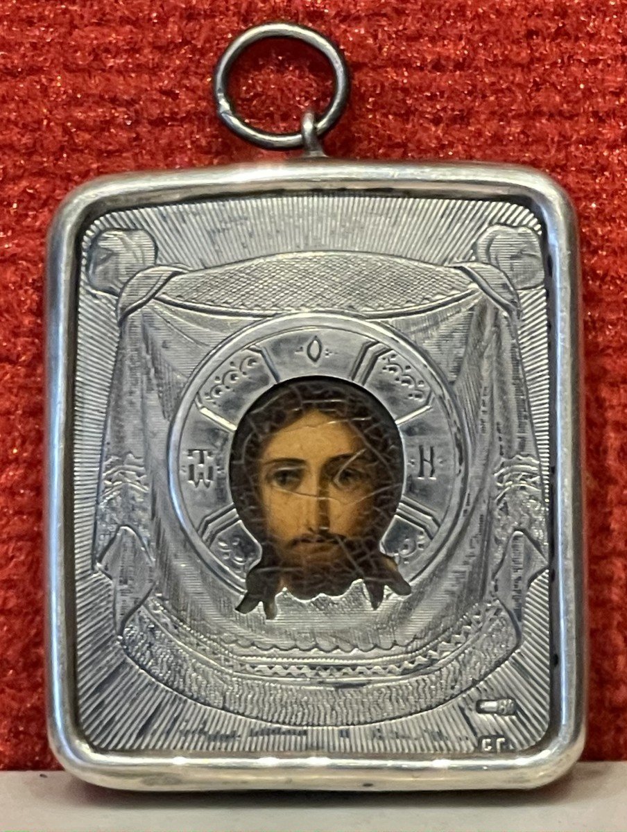 Icône De Voyage Du Christ En Argent, Moscou 19e Siècle / Saint Face / Mandylion / Russie