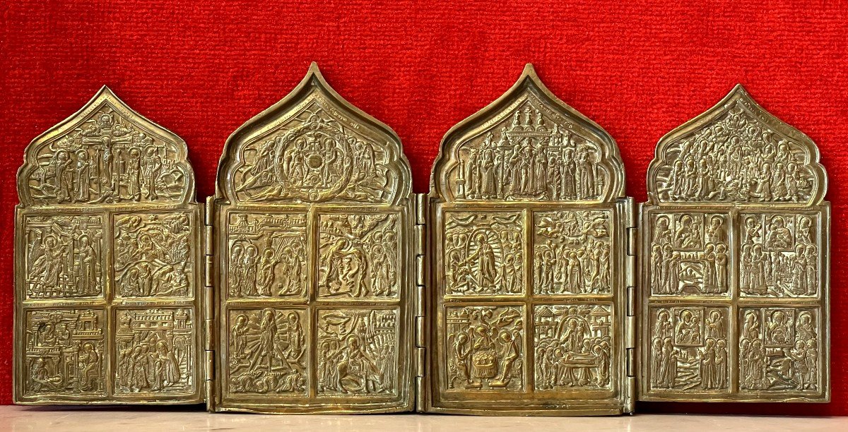 Bronze Travel Icon Of The Great Feasts Of Christianity, Russia 19th Century