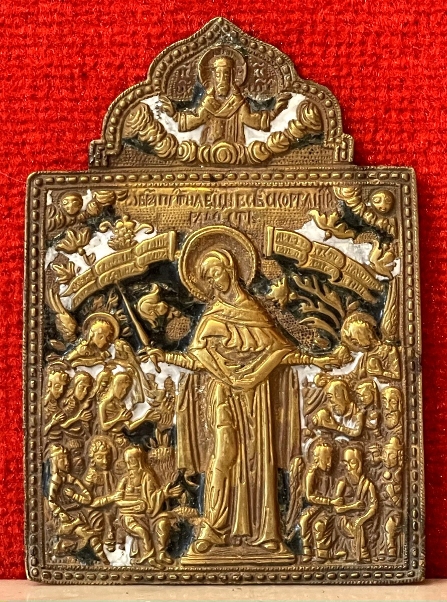 Travel Icon Of The Virgin Of Protection, Enameled Bronze, Russia 18th Century 