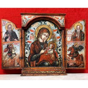 Triptych Icon Nursing Madonna, Greece 18th Century / Mother Of God Galaktotrophousa