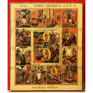 Large Icon Of The Great Christian Feasts, Russia 18th Century / Orthodox 