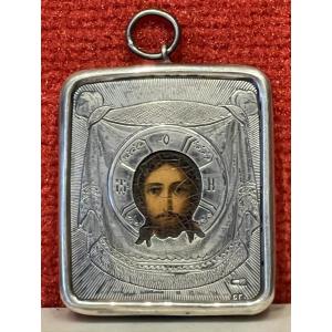 Icône De Voyage Du Christ En Argent, Moscou 19e Siècle / Saint Face / Mandylion / Russie