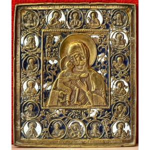 Travel Icon Of The Virgin Of Tenderness, Enameled Bronze, Russia 18th Century