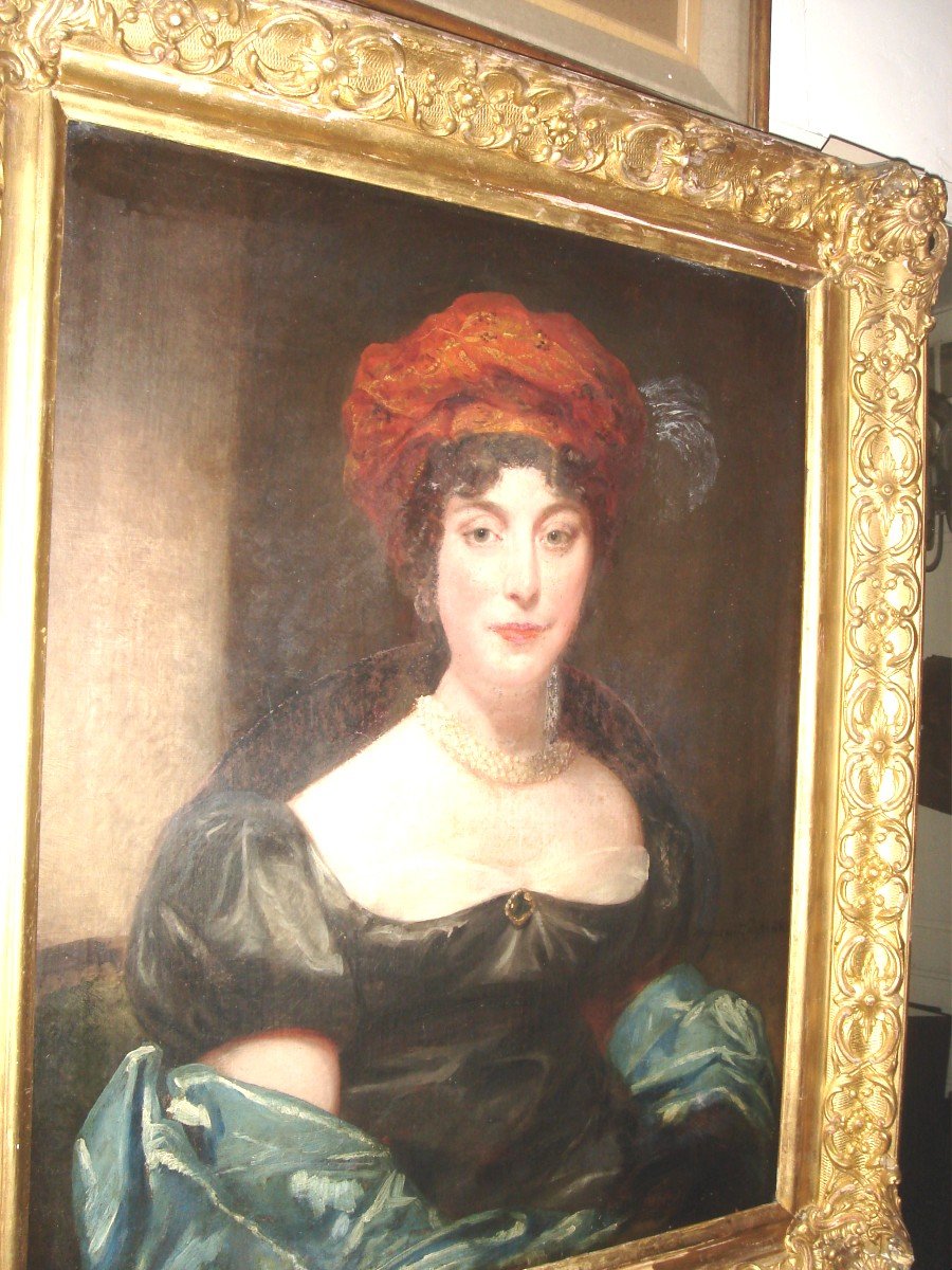 Portrait De Femme grande huile Sur Toile  époque Romantique 1830-1840 ,cadre Doré-photo-4