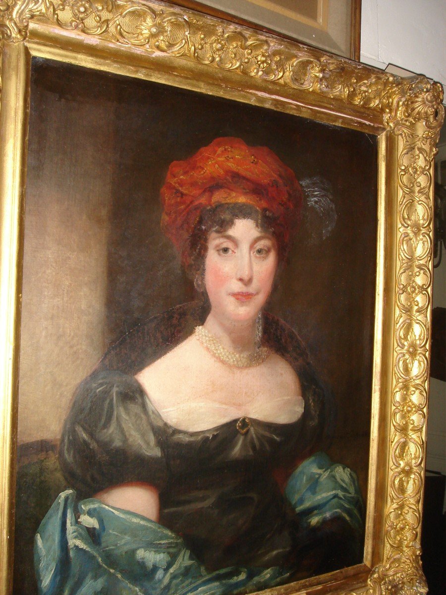 Portrait De Femme grande huile Sur Toile  époque Romantique 1830-1840 ,cadre Doré-photo-1