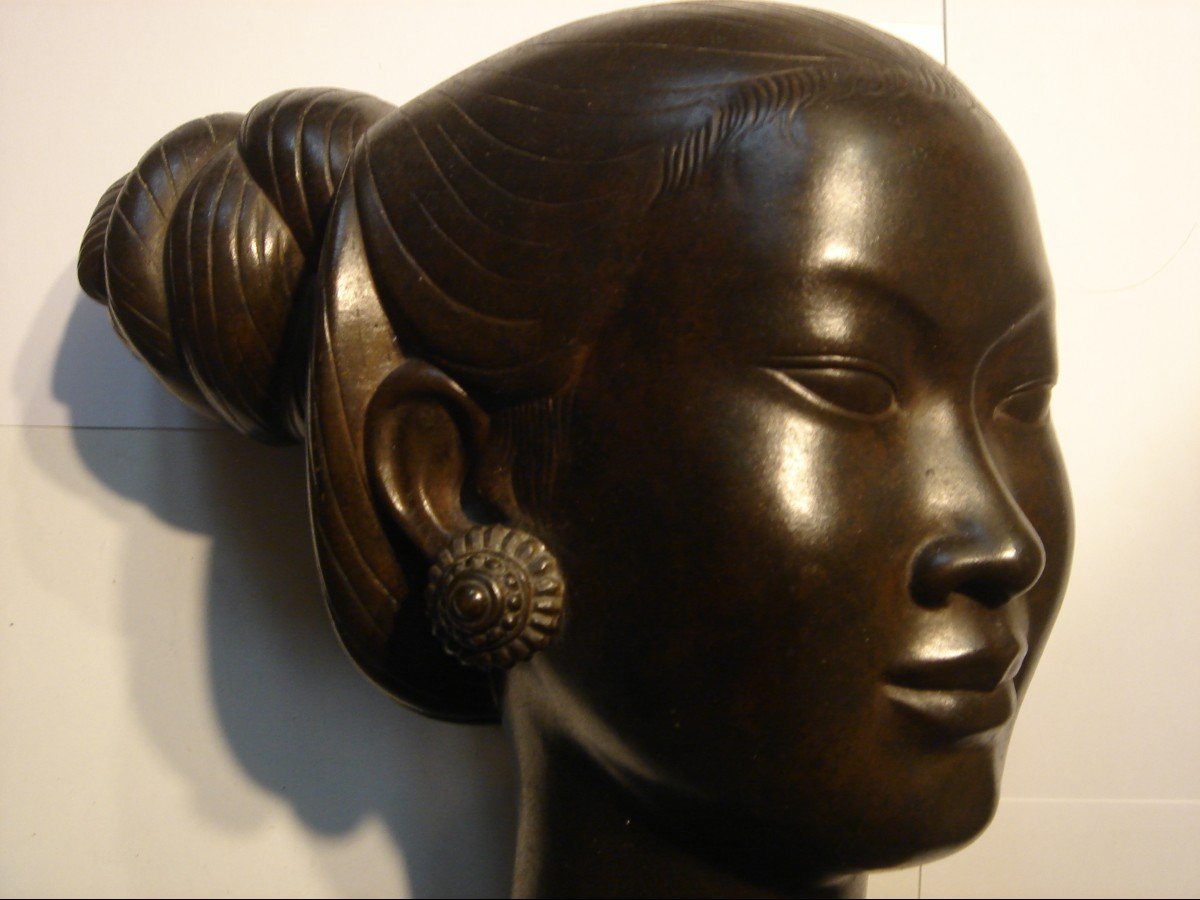 Buste en bronze De Jeune  fille laotienne 1930-1940 Sur Socle Acajou-photo-4