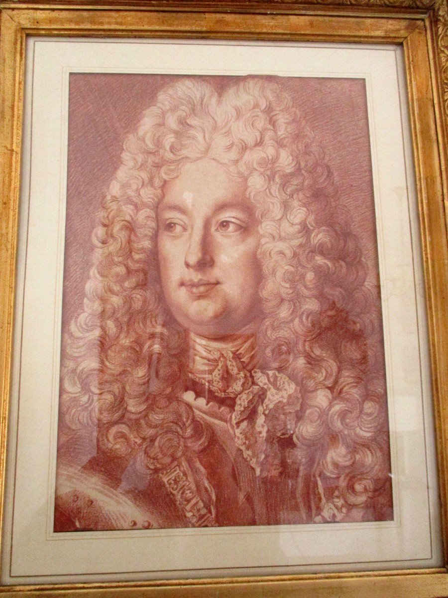 Grand Portrait à La Sanguine d'Homme En Grande Perruque Louis xiv & Armure -photo-2