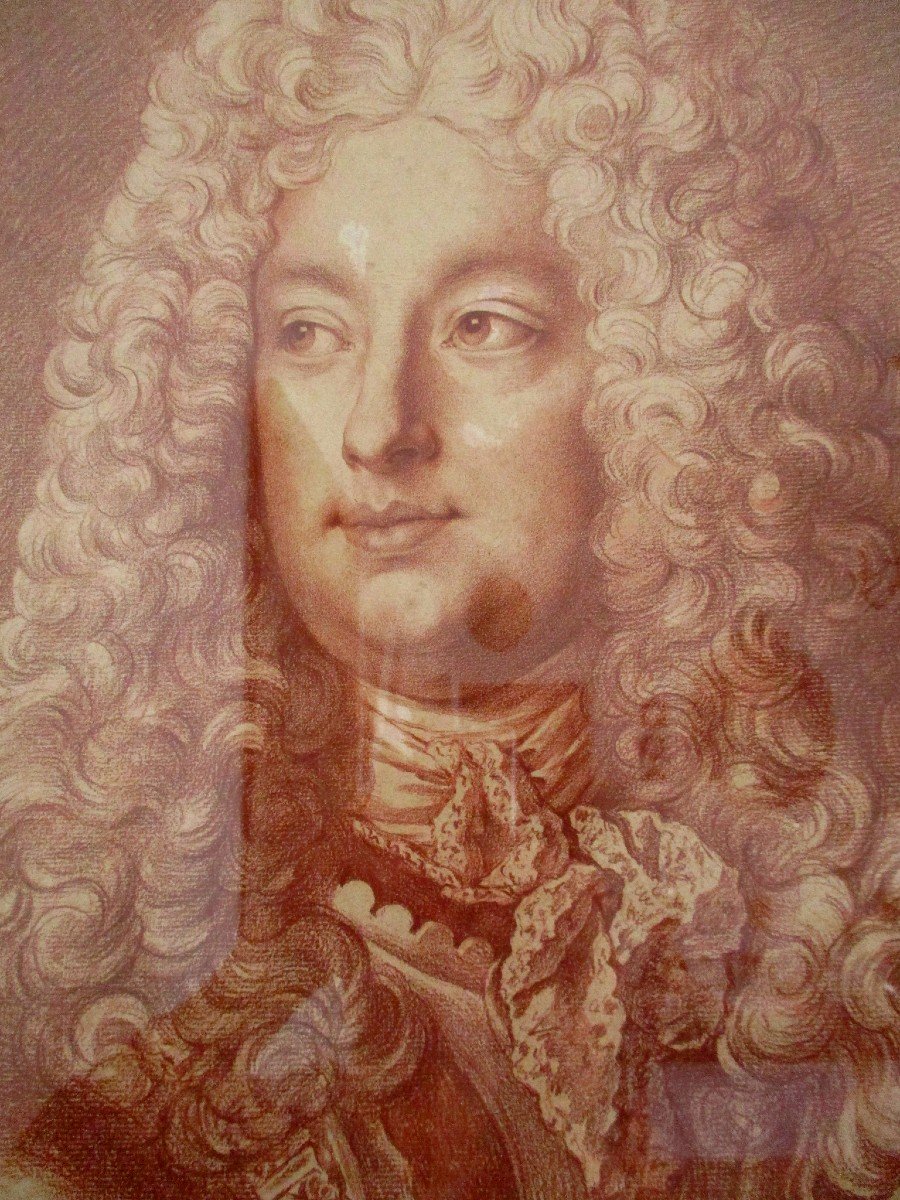 Grand Portrait à La Sanguine d'Homme En Grande Perruque Louis xiv & Armure -photo-3