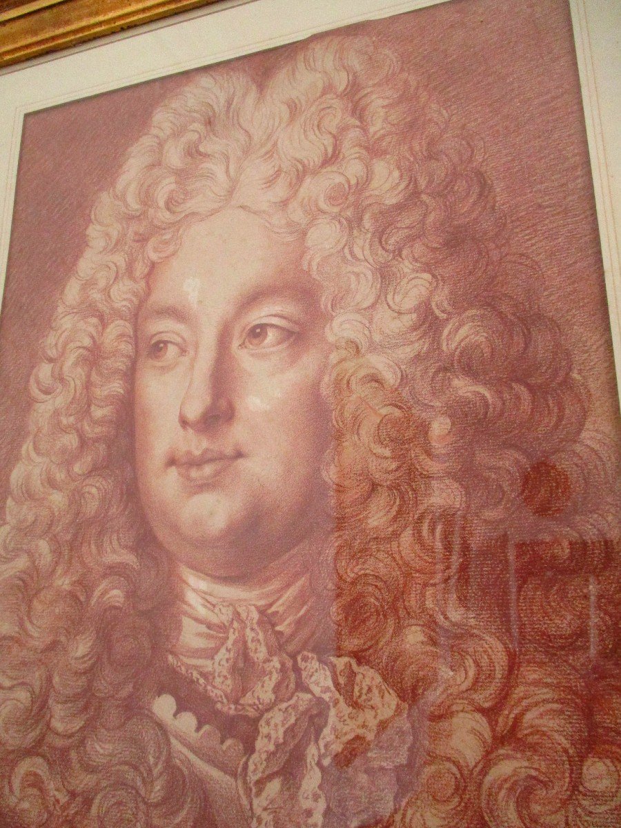 Grand Portrait à La Sanguine d'Homme En Grande Perruque Louis xiv & Armure -photo-2