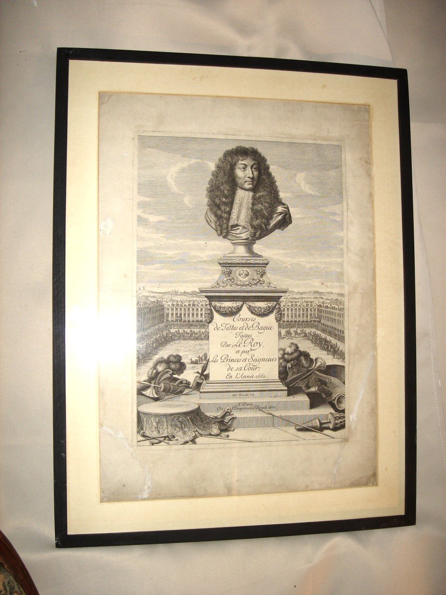 Buste Du Roi Louis XIV Du Frontispice Du Carousel ,grande Gravure XVII E 1670-photo-2